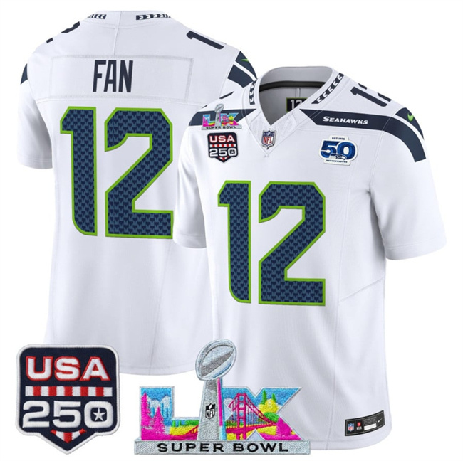 Personalized Men’s Seattle Seahawks #12 Fan White 2025 F.U.S.E. Super Bowl LX Patch And 50th Season & USA 250′ Patch Limited Football Stitched Jersey