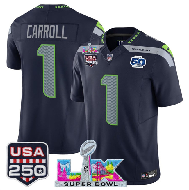 Personalized Men’s Seattle Seahawks #1 Pete Carroll Navy 2025 F.U.S.E. Super Bowl LX Patch And 50th Season & USA 250′ Patch Limited Football Stitched Jersey