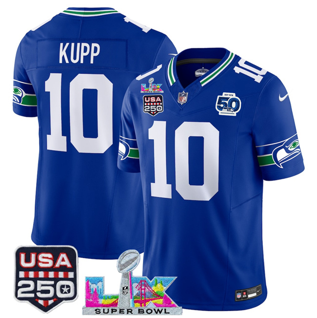 Personalized Men’s Seattle Seahawks #10 Cooper Kupp Royal 2025 F.U.S.E. Super Bowl LX Patch And 50th Season Patch Throwback Limited Stitched Football Jersey