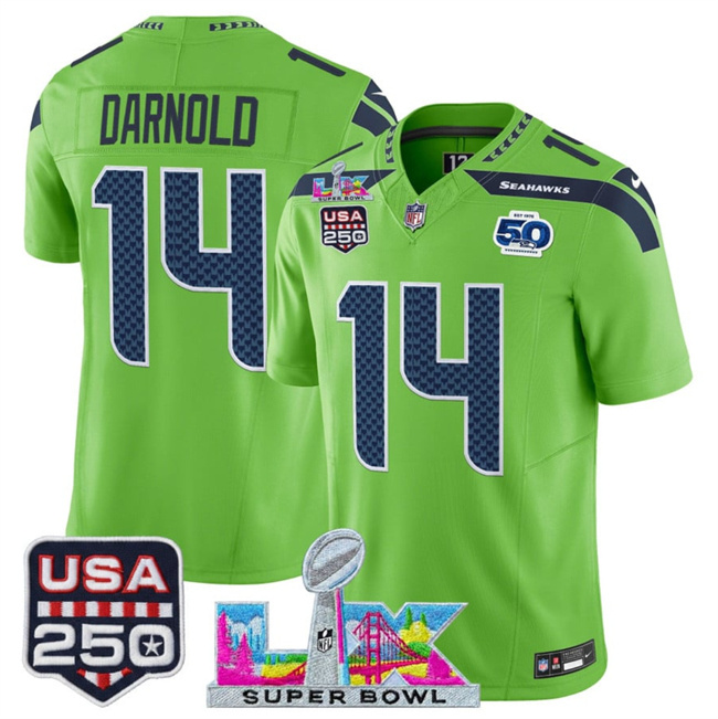 Personalized Men’s Seattle Seahawks #14 Sam Darnold Green 2025 F.U.S.E. Super Bowl LX Patch And 50th Season & USA 250′ Patch Limited Football Stitched Jersey