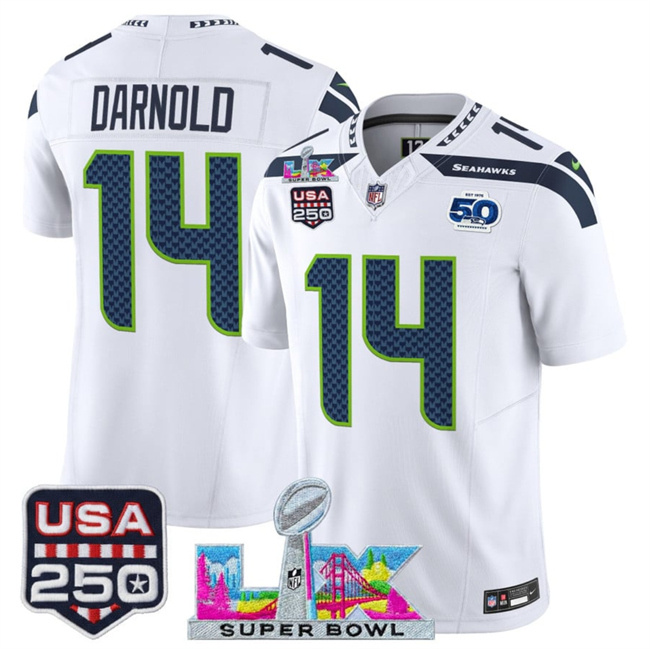 Personalized Men’s Seattle Seahawks #14 Sam Darnold White 2025 F.U.S.E. Super Bowl LX Patch And 50th Season & USA 250′ Patch Limited Football Stitched Jersey