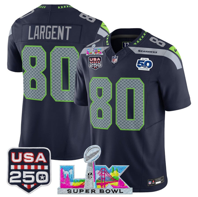 Personalized Men’s Seattle Seahawks #80 Steve Largent Navy 2025 F.U.S.E. Super Bowl LX Patch And 50th Season & USA 250′ Patch Limited Football Stitched Jersey