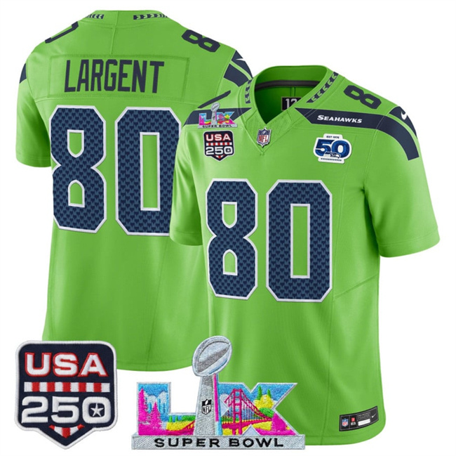 Personalized Men’s Seattle Seahawks #80 Steve Largent Green 2025 F.U.S.E. Super Bowl LX Patch And 50th Season & USA 250′ Patch Limited Football Stitched Jersey