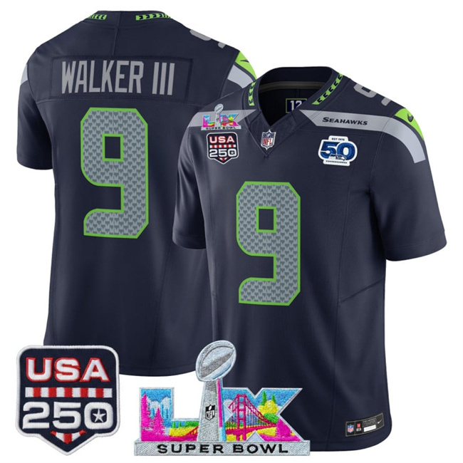 Personalized Men’s Seattle Seahawks #9 Kenneth Walker III Navy 2025 F.U.S.E. Super Bowl LX Patch And 50th Season & USA 250′ Patch Limited Football Stitched Jersey