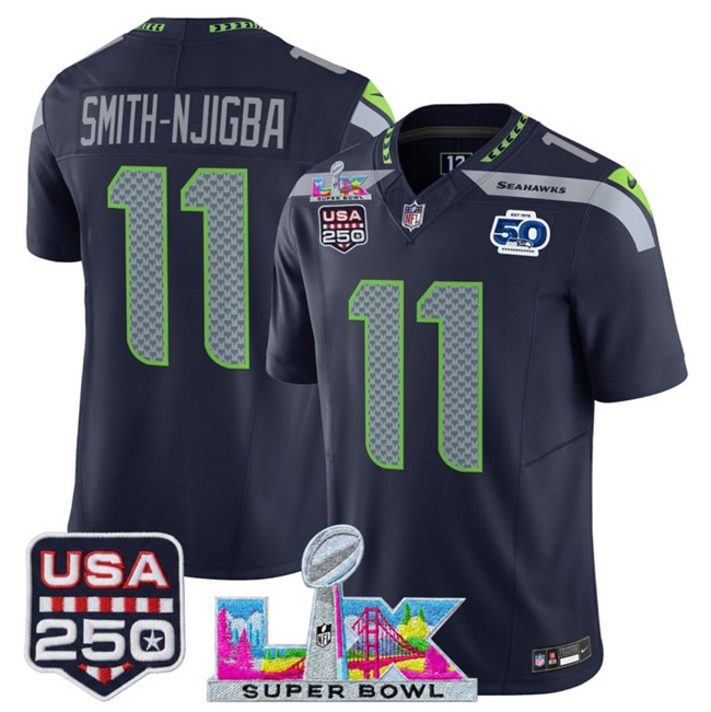 Personalized Men’s Seattle Seahawks #11 Jaxon Smith-Njigba Navy 2025 F.U.S.E. Super Bowl LX Patch And 50th Season & USA 250′ Patch Limited Football Stitched Jersey