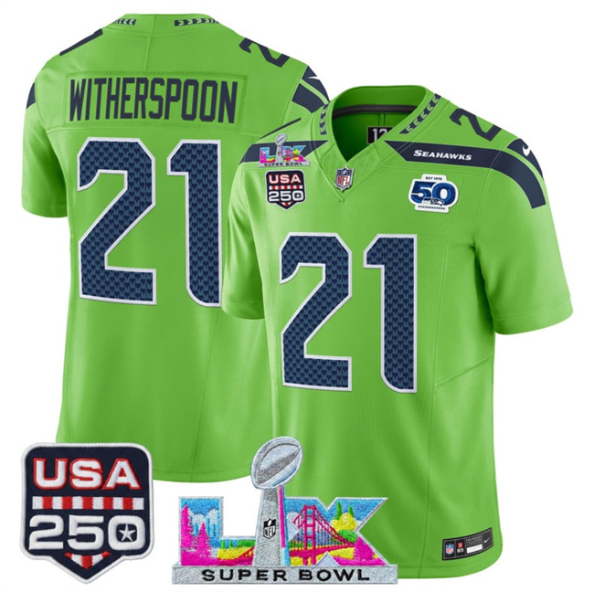 Personalized Men’s Seattle Seahawks #21 Devon Witherspoon Green 2025 F.U.S.E. Super Bowl LX Patch And 50th Season & USA 250′ Patch Limited Football Stitched Jersey