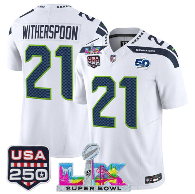 Personalized Men’s Seattle Seahawks #21 Devon Witherspoon White 2025 F.U.S.E. Super Bowl LX Patch And 50th Season & USA 250′ Patch Limited Football Stitched Jersey