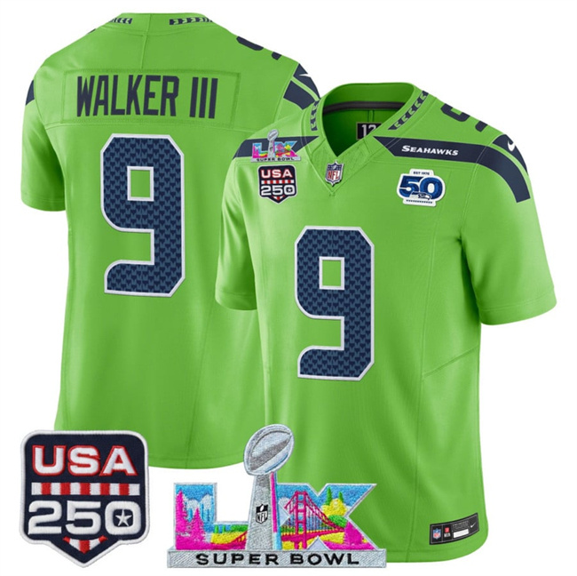 Personalized Men’s Seattle Seahawks #9 Kenneth Walker III Green 2025 F.U.S.E. Super Bowl LX Patch And 50th Season & USA 250′ Patch Limited Football Stitched Jersey