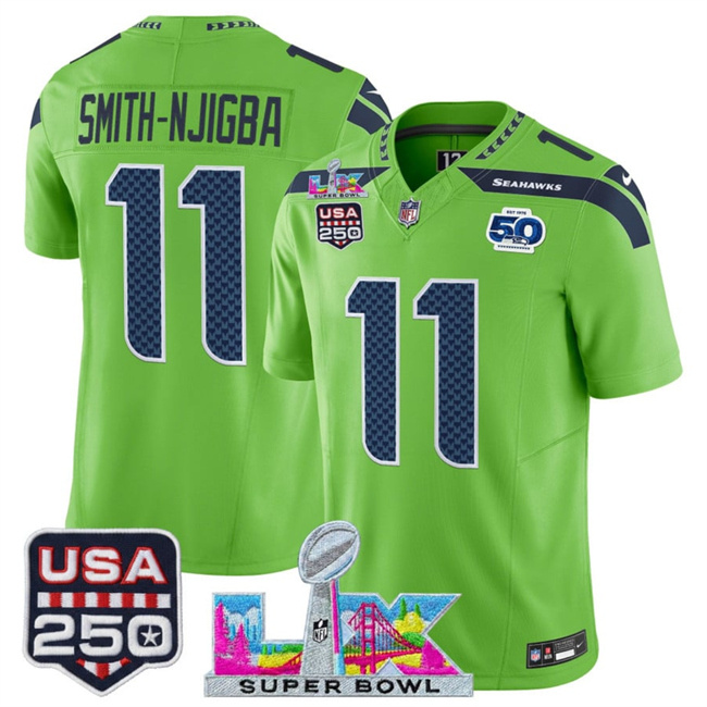 Personalized Men’s Seattle Seahawks #11 Jaxon Smith-Njigba Green 2025 F.U.S.E. Super Bowl LX Patch And 50th Season & USA 250′ Patch Limited Football Stitched Jersey