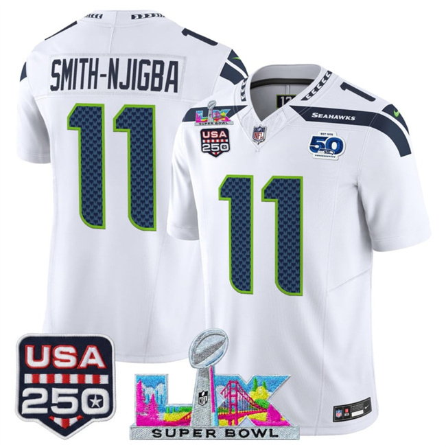 Personalized Men’s Seattle Seahawks #11 Jaxon Smith-Njigba White 2025 F.U.S.E. Super Bowl LX Patch And 50th Season & USA 250′ Patch Limited Football Stitched Jersey