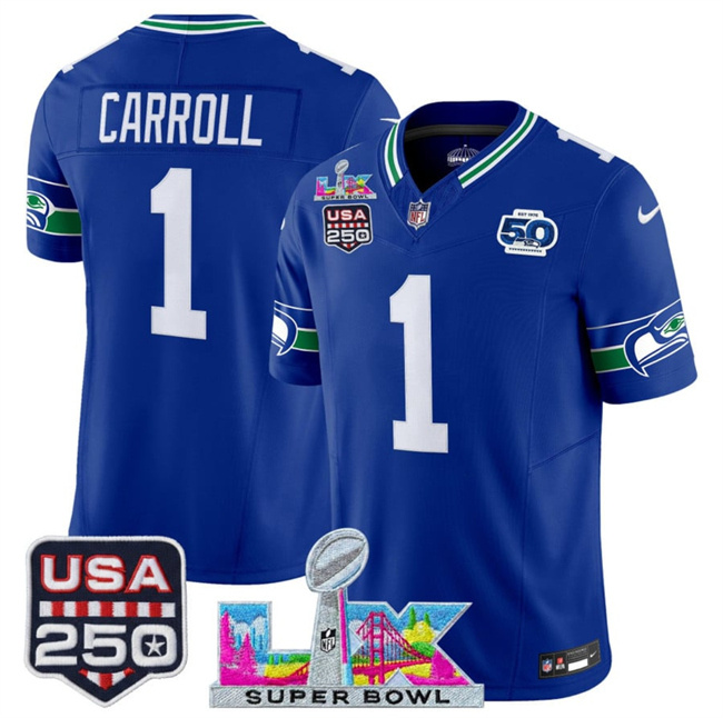 Personalized Men’s Seattle Seahawks #1 Pete Carroll Royal 2025 F.U.S.E. Super Bowl LX Patch And 50th Season & USA 250′ Patch Throwback Limited Stitched Football Jersey