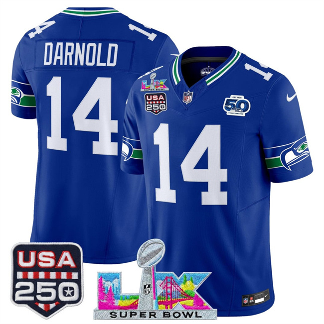 Personalized Men’s Seattle Seahawks #14 Sam Darnold Royal 2025 F.U.S.E. Super Bowl LX Patch And 50th Season & USA 250′ Patch Throwback Limited Stitched Football Jersey