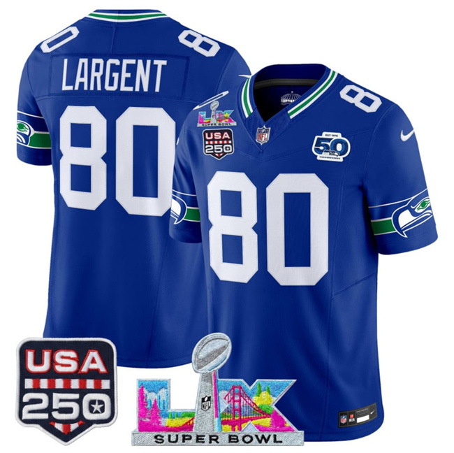 Personalized Men’s Seattle Seahawks #80 Steve Largent Royal 2025 F.U.S.E. Super Bowl LX Patch And 50th Season & USA 250′ Patch Throwback Limited Stitched Football Jersey