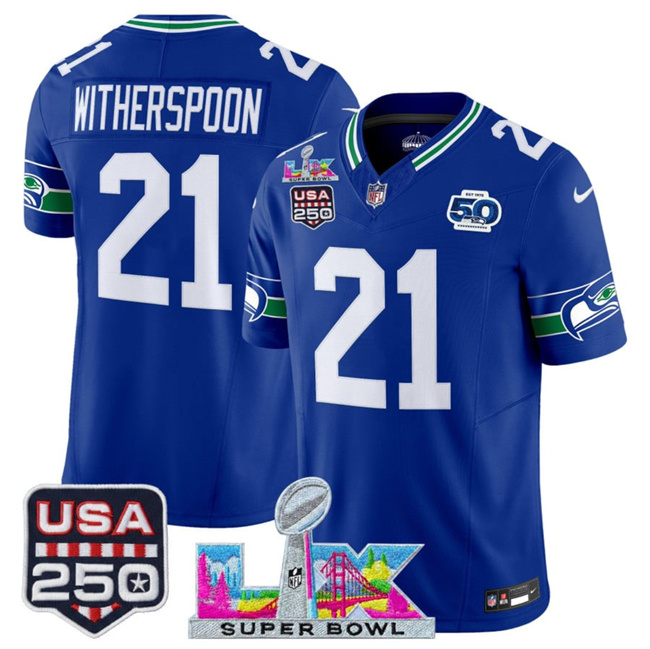 Personalized Men’s Seattle Seahawks #21 Devon Witherspoon Royal 2025 F.U.S.E. Super Bowl LX Patch And 50th Season & USA 250′ Patch Throwback Limited Stitched Football Jersey