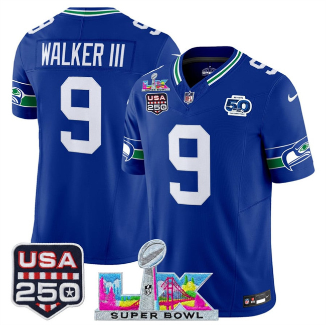 Personalized Men’s Seattle Seahawks #9 Kenneth Walker III Royal 2025 F.U.S.E. Super Bowl LX Patch And 50th Season & USA 250′ Patch Throwback Limited Stitched Football Jersey