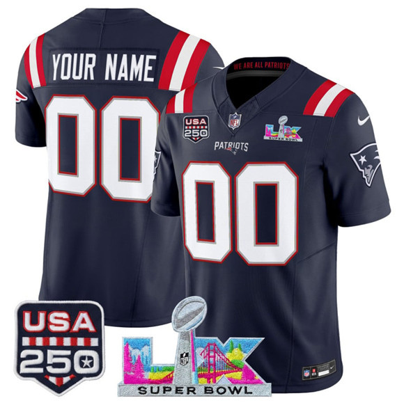 Personalized Men’s New England Patriots Active Player Navy 2025 F.U.S.E. Super Bowl LX & USA 250′ Patch Limited Football Stitched Jersey