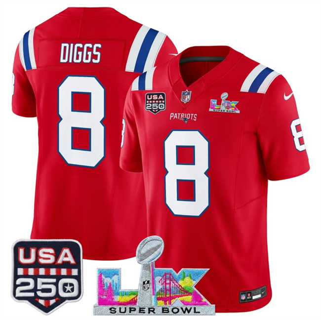 Personalized Men’s New England Patriots #8 Stefon Diggs Red 2025 F.U.S.E. Super Bowl LX Patch And USA 250′ Patch Limited Football Stitched Jersey