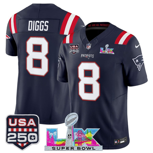Personalized Men’s New England Patriots #8 Stefon Diggs Navy 2025 F.U.S.E. Super Bowl LX Patch And USA 250′ Patch Limited Football Stitched Jersey