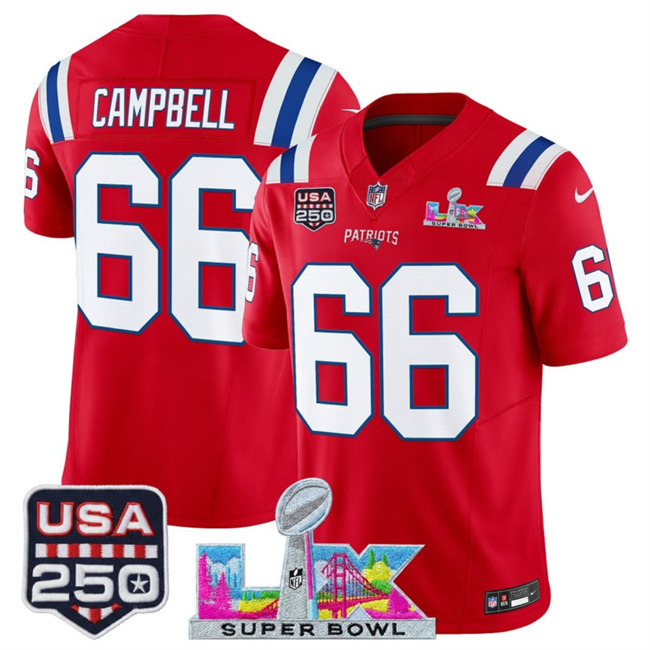 Personalized Men’s New England Patriots #66 Will Campbell Red 2025 F.U.S.E. Super Bowl LX Patch And USA 250′ Patch Limited Football Stitched Jersey