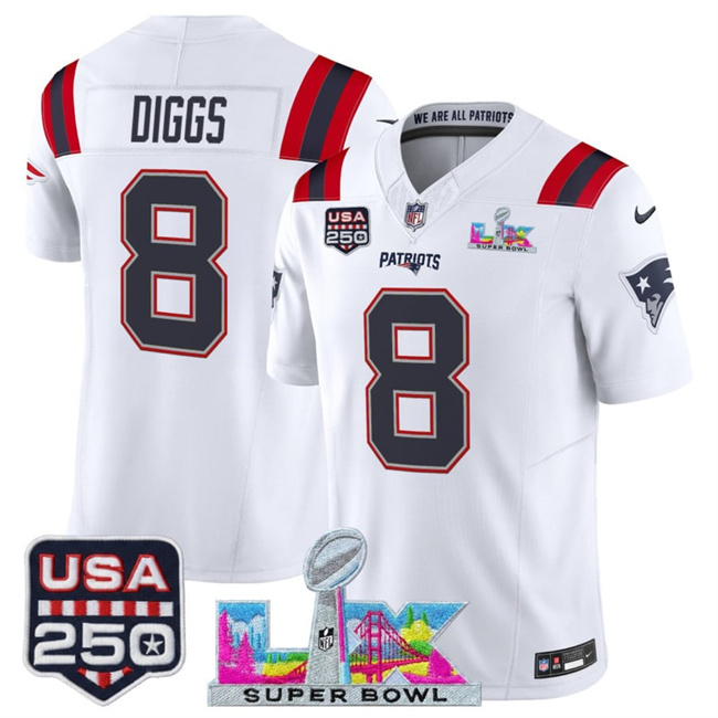 Personalized Men’s New England Patriots #8 Stefon Diggs White 2025 F.U.S.E. Super Bowl LX Patch And USA 250′ Patch Limited Football Stitched Jersey