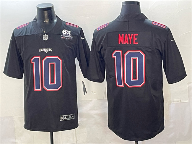 Personalized Men’s New England Patriots #10 Drake Maye Black Fashion With 6x Super Bowl Champions Patch Untouchable Limited Stitched Football Jersey