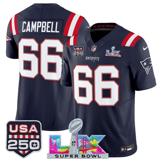 Personalized Men’s New England Patriots #66 Will Campbell Navy 2025 F.U.S.E. Super Bowl LX Patch And USA 250′ Patch Limited Football Stitched Jersey