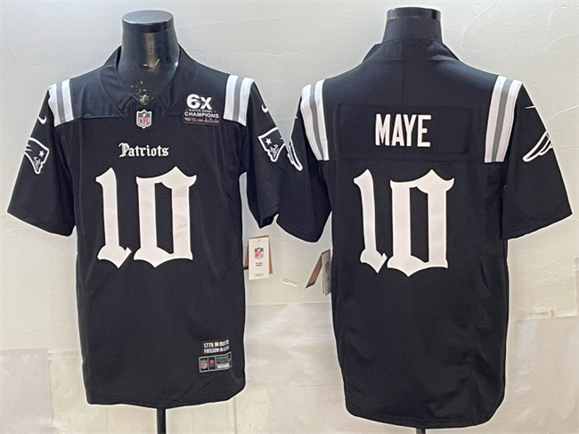 Personalized Men’s New England Patriots #10 Drake Maye Black F.U.S.E. With 6x Super Bowl Champions Patch Gothic Revolution Edition Stitched Football Jersey