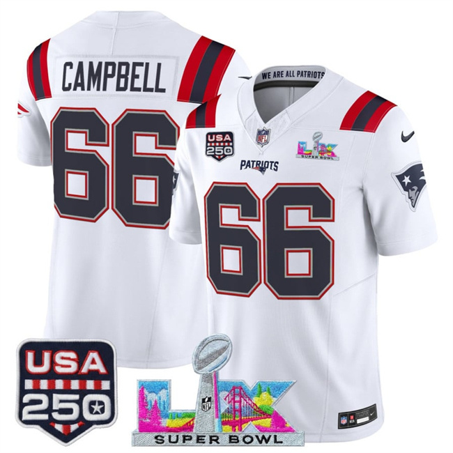 Personalized Men’s New England Patriots #66 Will Campbell White 2025 F.U.S.E. Super Bowl LX Patch And USA 250′ Patch Limited Football Stitched Jersey