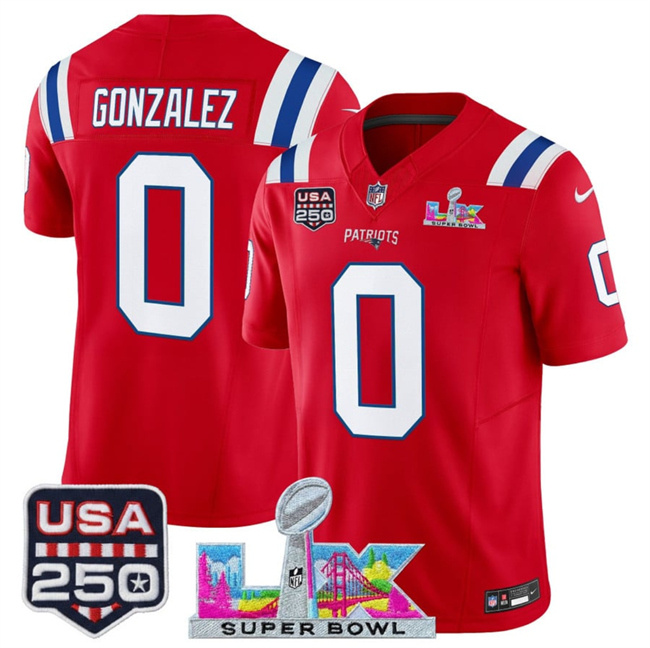 Personalized Men’s New England Patriots #0 Christian Gonzalez Red 2025 F.U.S.E. Super Bowl LX Patch And USA 250′ Patch Limited Football Stitched Jersey