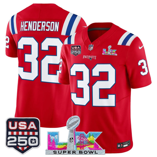 Personalized Men’s New England Patriots #32 TreVeyon Henderson Red 2025 F.U.S.E. Super Bowl LX Patch And USA 250′ Patch Limited Football Stitched Jersey