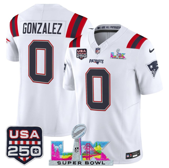 Personalized Men’s New England Patriots #0 Christian Gonzalez White 2025 F.U.S.E. Super Bowl LX Patch And USA 250′ Patch Limited Football Stitched Jersey