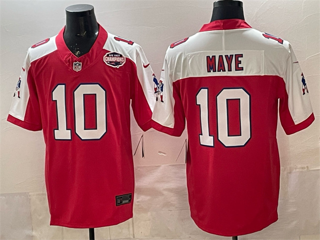 Personalized Men’s New England Patriots #10 Drake Maye Red Alternate F.U.S.E. 2025 AFC East Championship Patch Throwback Limited Stitched Football Jersey