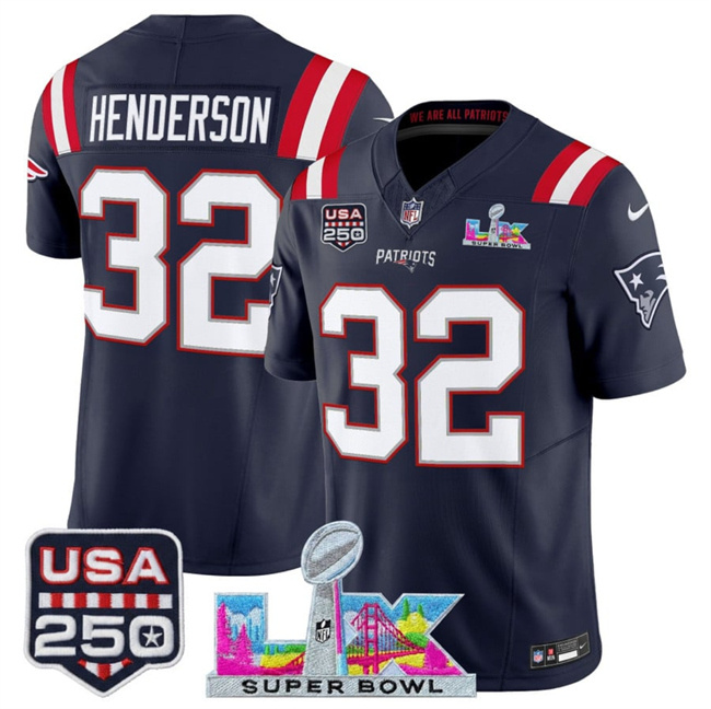 Personalized Men’s New England Patriots #32 TreVeyon Henderson Navy 2025 F.U.S.E. Super Bowl LX Patch And USA 250′ Patch Limited Football Stitched Jersey