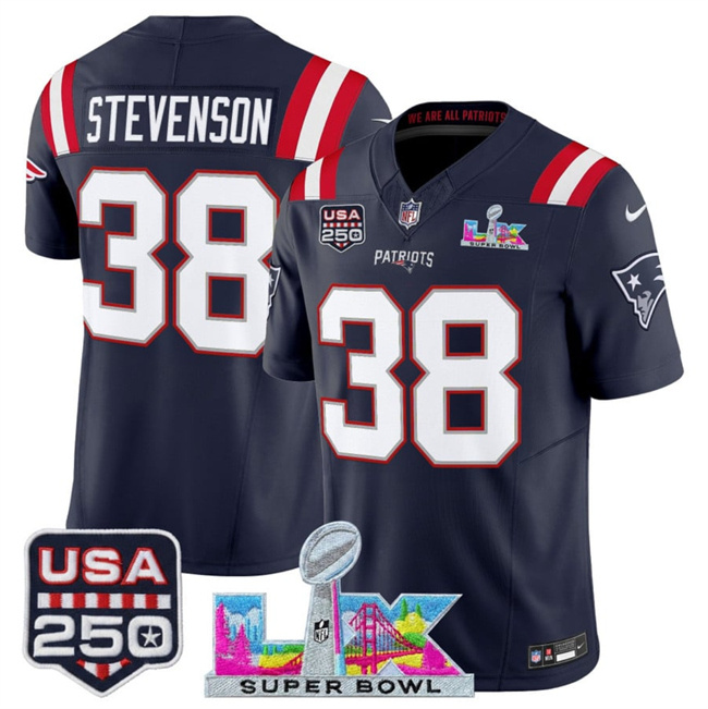 Personalized Men’s New England Patriots #38 Rhamondre Stevenson Navy 2025 F.U.S.E. Super Bowl LX Patch And USA 250′ Patch Limited Football Stitched Jersey
