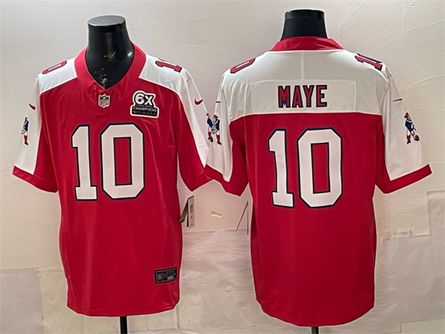 Personalized Men’s New England Patriots #10 Drake Maye Red Alternate F.U.S.E. With 6x Super Bowl Champions Patch Throwback Limited Stitched Football Jersey