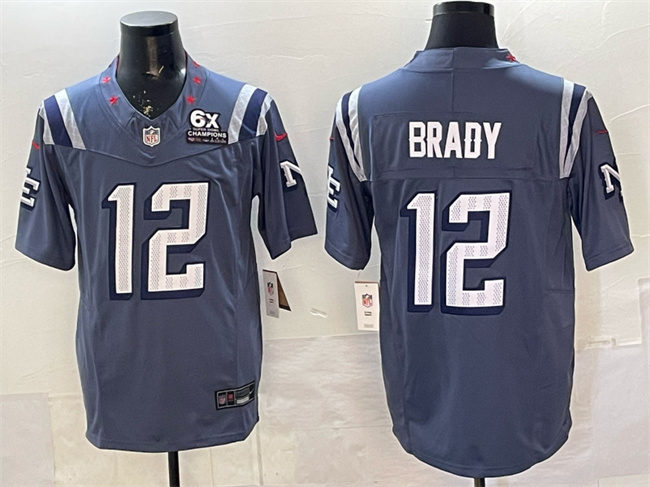 Personalized Men’s New England Patriots #12 Tom Brady Storm Blue 2025 F.U.S.E. With 6x Super Bowl Champions Patch Rivalries Limited Stitched Football Jersey