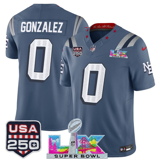 Personalized Men’s New England Patriots #0 Christian Gonzalez Storm Blue 2025 F.U.S.E. Super Bowl LX & USA 250′ Patch Rivalries Limited Football Stitched Jersey