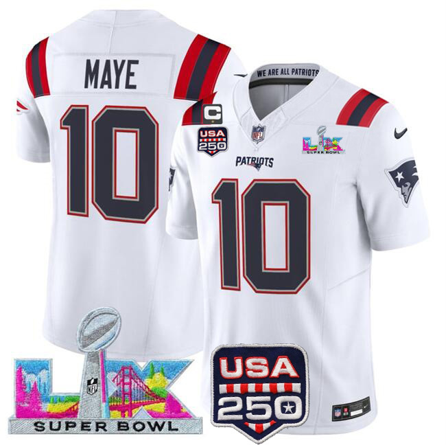Personalized Men’s New England Patriots #10 Drake Maye White 2025 F.U.S.E. 1-Star C Patch And Super Bowl LX Patch & USA 250′ Patch Limited Football Stitched Jersey