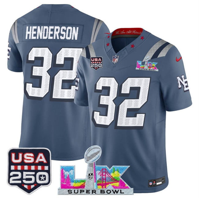 Personalized Men’s New England Patriots #32 TreVeyon Henderson Storm Blue 2025 F.U.S.E. Super Bowl LX & USA 250′ Patch Rivalries Limited Football Stitched Jersey