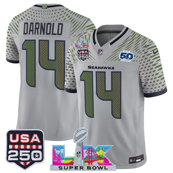 Personalized Youth Seattle Seahawks #14 Sam Darnold Gray 2025 F.U.S.E. Super Bowl LX & US 250th anniversary Patch And 50th Season Patch Rivalries Limited Stitched Football Jersey