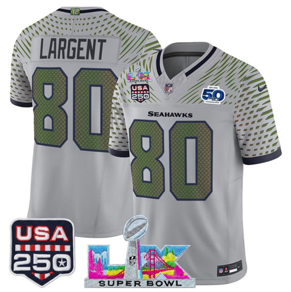 Personalized Youth Seattle Seahawks #80 Steve Largent Gray 2025 F.U.S.E. Super Bowl LX & US 250th anniversary Patch And 50th Season Patch Rivalries Limited Stitched Football Jersey