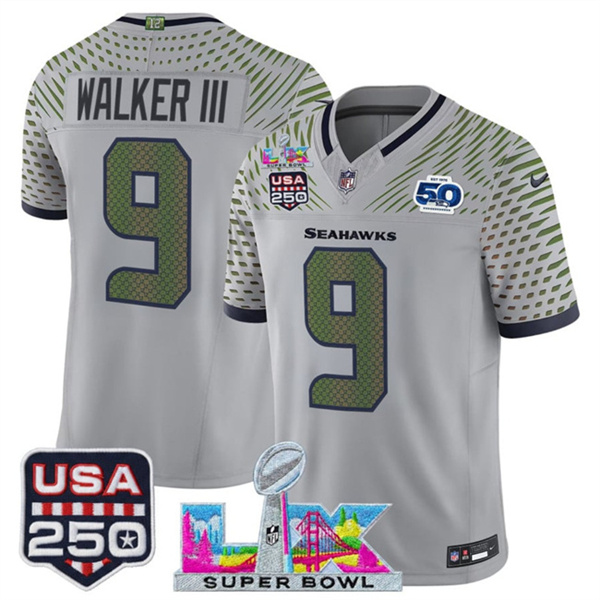 Personalized Youth Seattle Seahawks #9 Kenneth Walker III Gray 2025 F.U.S.E. Super Bowl LX & US 250th anniversary Patch And 50th Season Patch Rivalries Limited Stitched Football Jersey