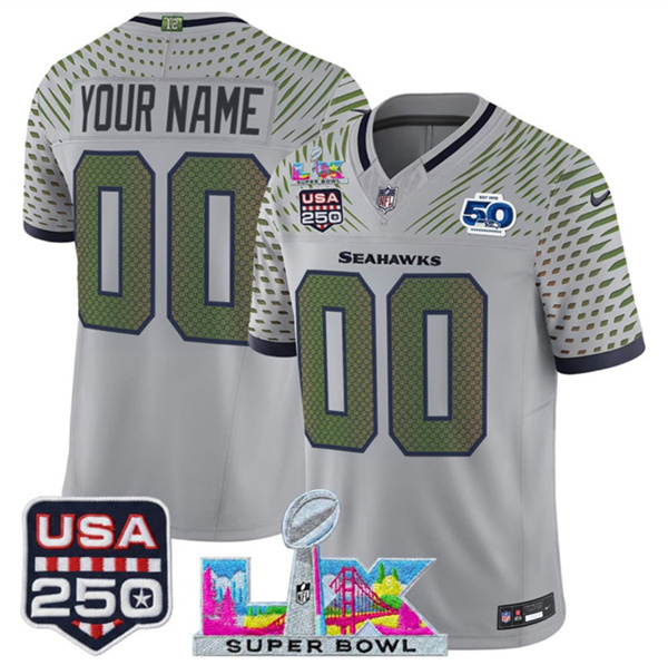 Personalized Youth Seattle Seahawks Active Player Gray 2025 F.U.S.E. Super Bowl LX & US 250th anniversary Patch And 50th Season Patch Rivalries Limited Stitched Football Jersey
