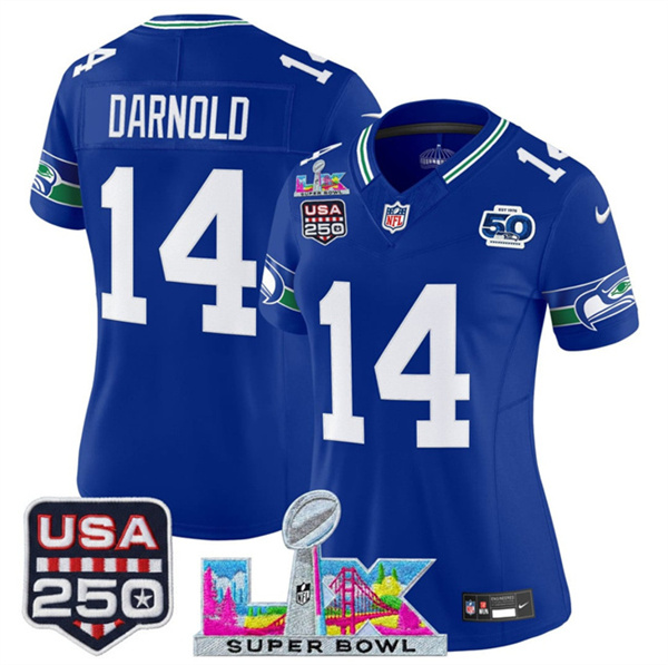 Personalized Women’s Seattle Seahawks #14 Sam Darnold Royal 2025 F.U.S.E. Super Bowl LX Patch And 50th Season & USA 250′ Patch Throwback Limited Stitched Football Jersey(Run Small)
