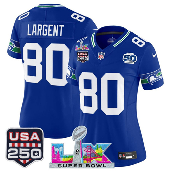Personalized Women’s Seattle Seahawks #80 Steve Largent Royal 2025 F.U.S.E. Super Bowl LX Patch And 50th Season & USA 250′ Patch Throwback Limited Stitched Football Jersey(Run Small)