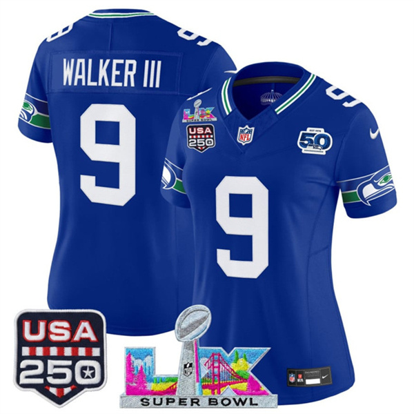 Personalized Women’s Seattle Seahawks #9 Kenneth Walker III Royal 2025 F.U.S.E. Super Bowl LX Patch And 50th Season & USA 250′ Patch Throwback Limited Stitched Football Jersey(Run Small)