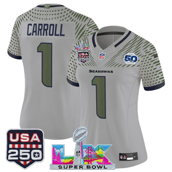 Personalized Women’s Seattle Seahawks #1 Pete Carroll Gray 2025 F.U.S.E. Super Bowl LX & US 250th anniversary Patch And 50th Season Patch Rivalries Limited Football Stitched Jersey(Run Small)
