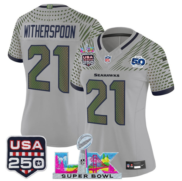 Personalized Women’s Seattle Seahawks #21 Devon Witherspoon Gray 2025 F.U.S.E. Super Bowl LX & US 250th anniversary Patch And 50th Season Patch Rivalries Limited Football Stitched Jersey(Run Small)