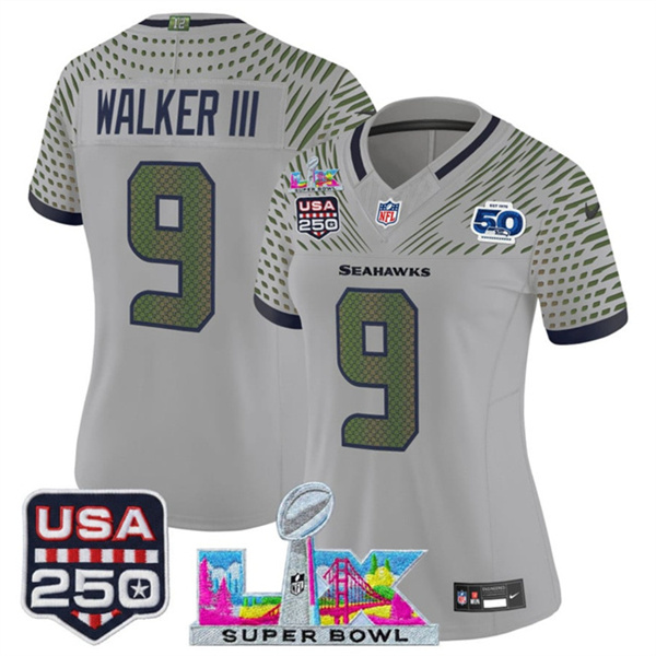Personalized Women’s Seattle Seahawks #9 Kenneth Walker III Gray 2025 F.U.S.E. Super Bowl LX & US 250th anniversary Patch And 50th Season Patch Rivalries Limited Football Stitched Jersey(Run Small)