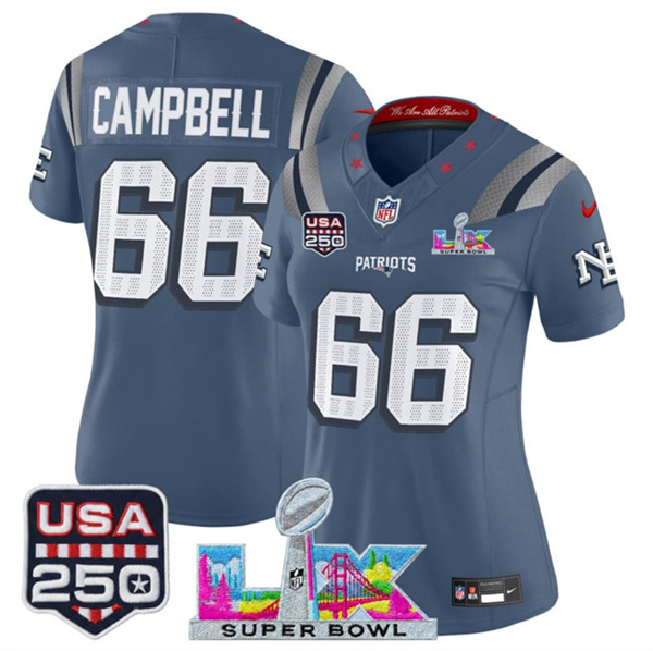 Personalized Women’s New England Patriots #66 Will Campbell Storm Blue 2025 F.U.S.E. Super Bowl LX & USA 250′ Patch Rivalries Limited Football Stitched Jersey(Run Small)